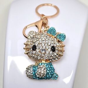 Hello Kitty Rhinestone Keychain Azure Blue and Gold Tone